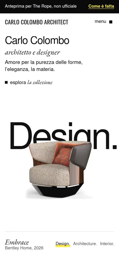 La prima schermata della home rifatta sul telefono: il nome, la frase della bio e la poltrona Embrace davanti alla parola Design.