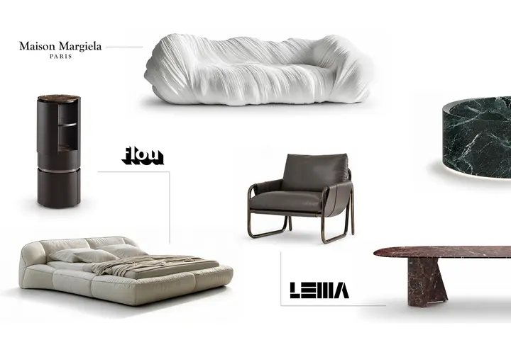 I pezzi presentati alla Milano Design Week 2026 su fondo bianco, coi marchi di Maison Margiela e LEMA