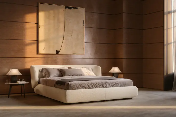 Il letto Nobu in una camera con le pareti di legno